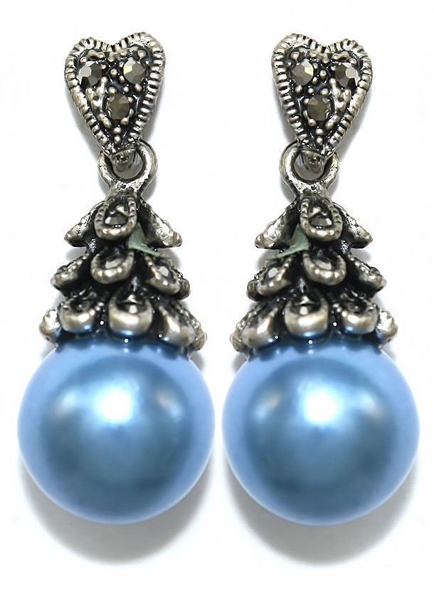 Сережки Fashion Jewelry. Під крапельне срібло. Камені: сіро-блакитний агат та гематит. Довжина: 34 мм. Ширина: 14 мм.