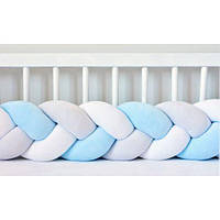 Бортик в кроватку Хатка Косичка Бело-Голубой с Серым 120 см (одна сторона кроватки)