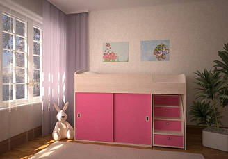 Кровать-чердак "Модерн" дуб молочный + розовый