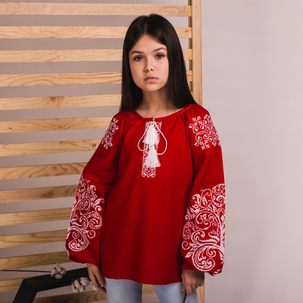 Червона лляна вишиванка Дерево Життя для дівчинки 122, фото 1