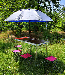 ПОСИЛЕНИЙ зручний розкладний стіл для пікніка та 4 стільця + компактна міцна парасолька 1,6 м у ПОДАРУНОК!