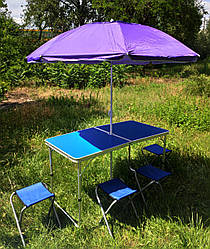 Зручний розкладний СИНІЙ стіл для пікніка та 4 стільця + фіолетовий парасолька 1,6 м у ПОДАРУНОК!