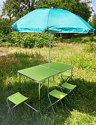 Розкладний зручний салатовий стіл для пікніка та 4 стільці + парасолька 1,55 м у ПОДАРУНОК!