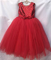 Детское нарядное платье для девочки 6-7 лет,"Пайетки бант",красного цвета