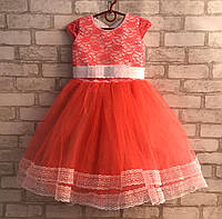 Детское нарядное платье для девочки 3-4 года Гипюр жемчуг", кораллового цвета