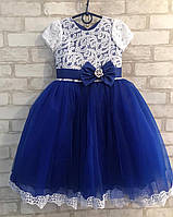Детское нарядное платье для девочки 5-6 лет Брошка кружево , синего цвета