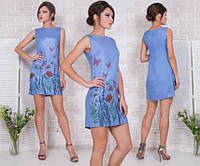 Женское платье синий цвет рисунок бабочки из льна.
