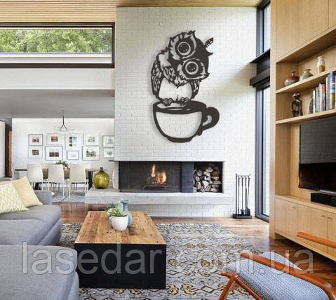 Дерев'яна картина Сова на чашці, фото 1