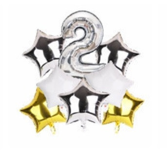 Набір кульок фольгованих Цифра 2 срібло із зірками