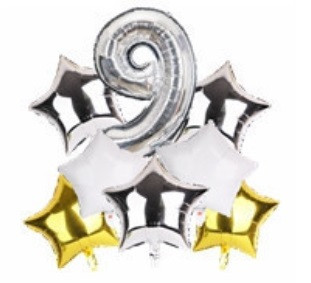Набір кульок фольгованих Цифра 9 срібло із зірками