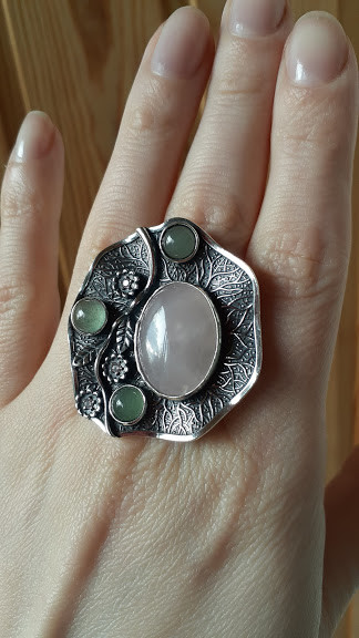 Шикарне срібне кільце з рожевим кварцом і авантюрином, фото 1