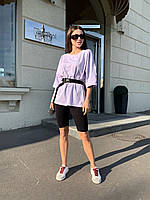 Костюм жіночий модний футболка оверсайз із поясом і велосипедки