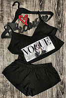 Чорна жіноча піжама майка-топ + шорти 094-31, молодіжні піжами з малюнками.