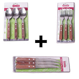 Набір столових приладів Kamille 18 предметів з нержавіючої сталі з дерев'яними ручками KM-5300-5301-5302