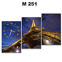 Красивая модульная картина с часами Эйфелева башня ночью 30x50 30x50 30x50 см