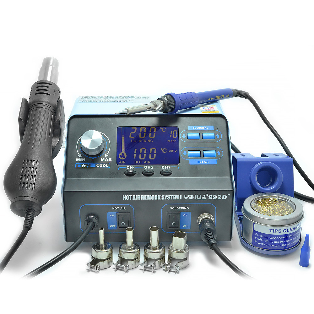Паяльна станція YIHUA 992D+ з паматою, паяльний фен + паяльник Hakko, турбінна 700 Вт