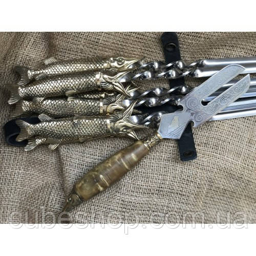 Набір шампурів «Царська полювання» з виделкою для зняття м'яса (в шкіряному сагайдаку)