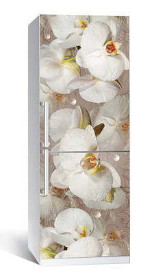 65х200 см Вінілова наклейка на холодильник, декор холодильника плівкою, плівка самоклейка Орхідея і краплі роси