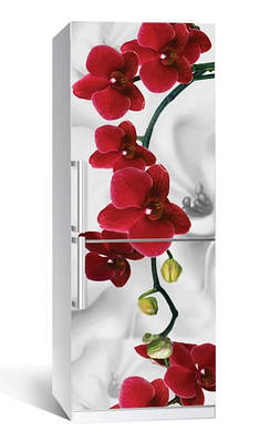 65х200 см Вінілова наклейка на холодильник, декор холодильника плівкою, плівка самоклейка Орхідея червона перлина