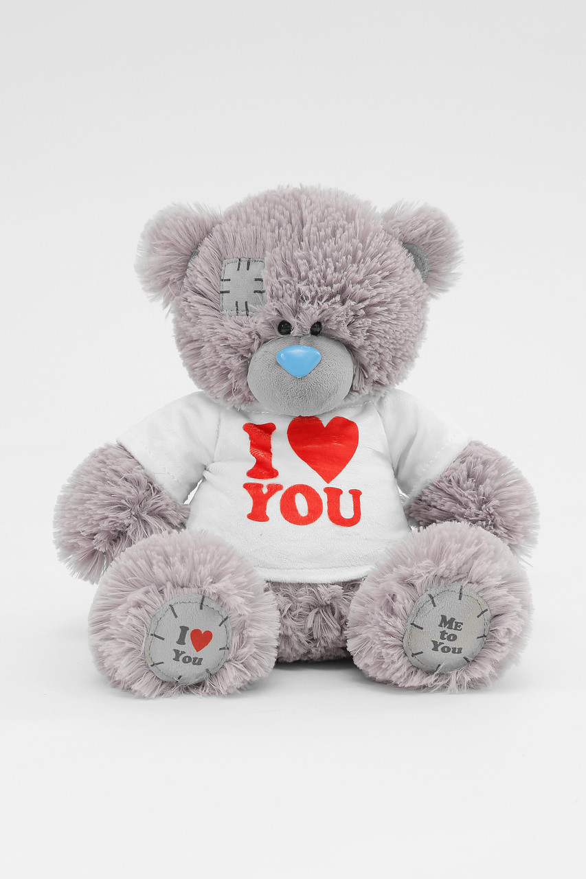Плюшевий ведмедик Тедді сірого кольору в молочній футболці I LOVE YOU