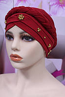Шапка модна чалма хіджаб з косою прикрашена намистинами червона