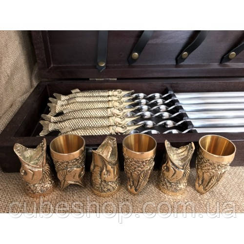 Набір для шашлику "Царський улов" у дерев'яному кейсі (шампура, чарки), фото 1