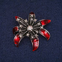 Брошка Квітка з червоною емаллю і стразами, сірий метал 37х41мм