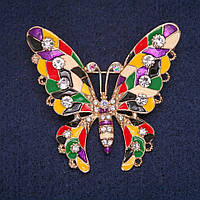 Брошка Метелик з кольоровою емаллю і стразами, золотистий метал 53х47мм