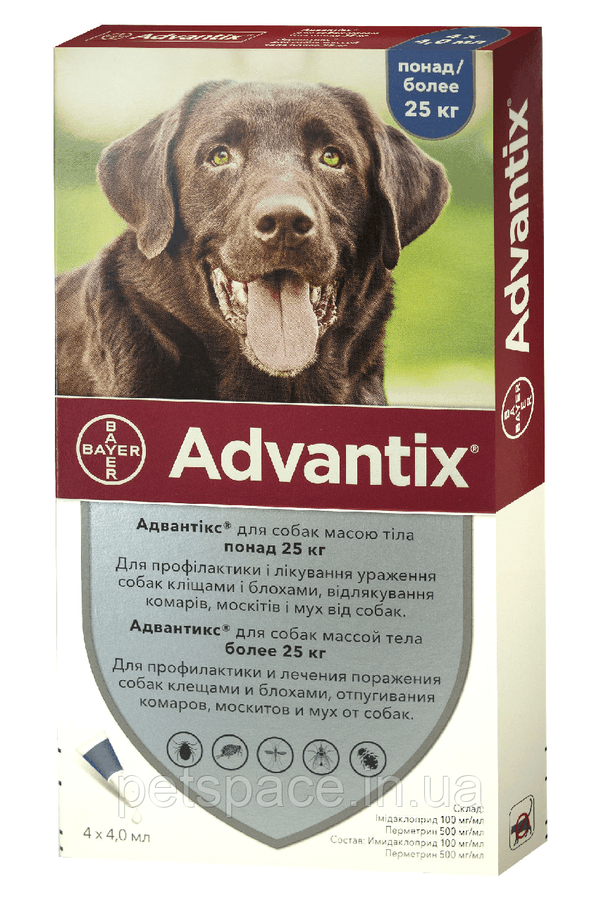 Краплі від паразитів Advantix (Адвантікс для собак вагою до 25-40кг.), 1 піпетка