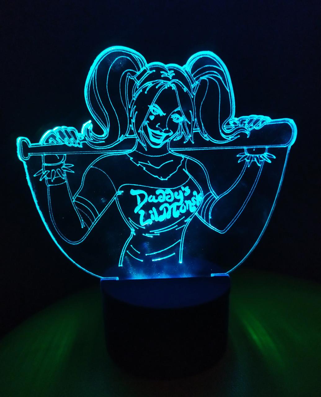 3d-світильник Харлі Квінн (Harley Quinn), Бетмен, 3д-нічник, кілька підсвічувань (на батарейці), фото 1