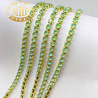 Стразовий ланцюжок ss12 (3.2 mm), колір металу Золото, стрази Peridot Delite, 10 см