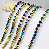 Стразовий ланцюжок ss6 (2mm), колір металу Золото, стрази Bermuda Blue, 10 см
