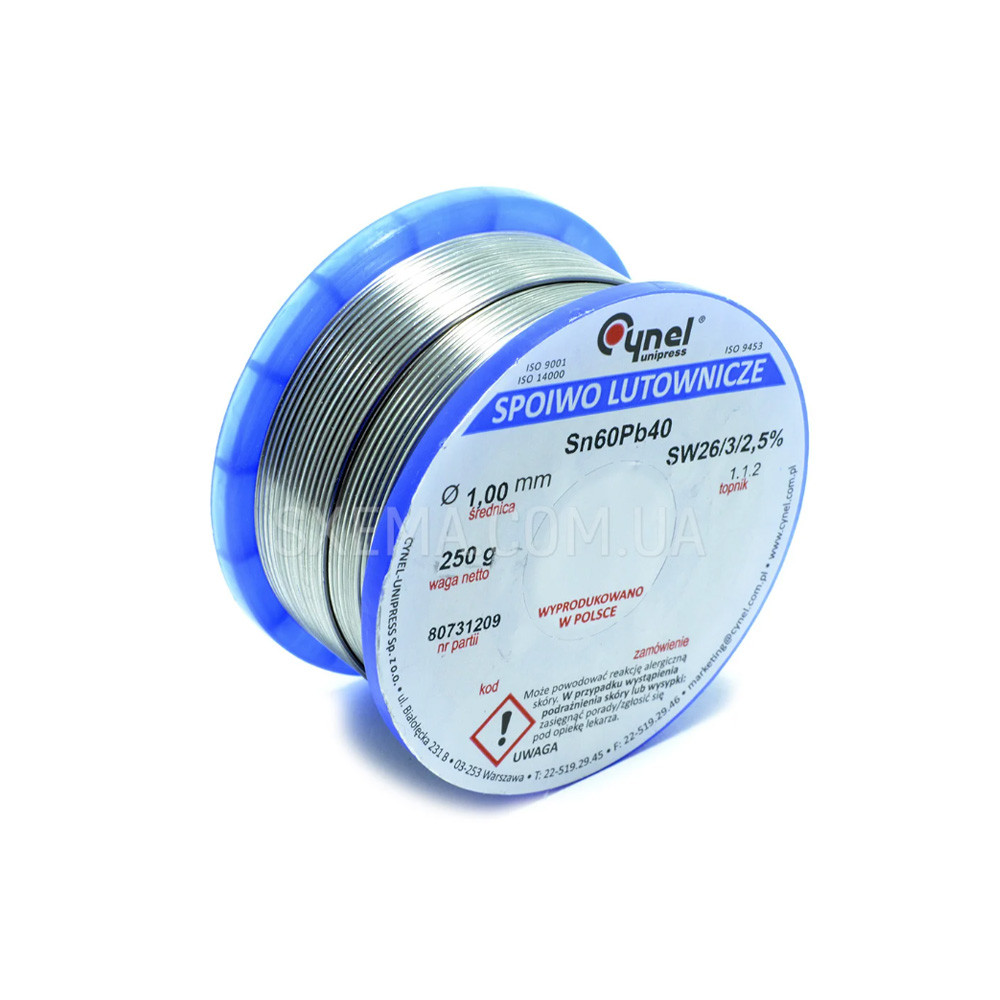 Припій з флюсом для паяння олов'яно-свинцевий Cynel (S-Sn60Pb40 sw26/3/2.5%) 250 г (1 мм)
