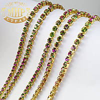Стразовий ланцюжок ss12 (3.2 mm), колір металу Золото, стрази Rainbow, 10 см
