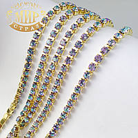 Стразовий  ланцюжок ss12 (3.2 mm), колір металу Золото, стрази Vitrail Light, 10 см