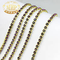 Стразовий ланцюжок ss 6 (2 mm), колір металу Золото, стрази Paradise Shine, 10 см