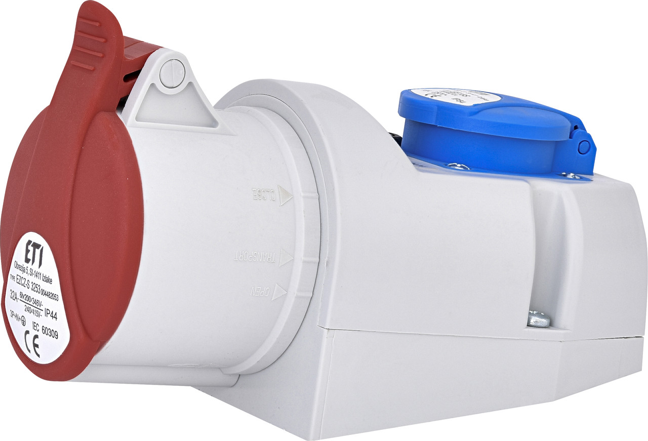 Розетка настінна комбінована EZCZ-S-3253, IP44 (32A, 400V/230V, 3P+N+PE/2P) ETI 4482053, фото 1
