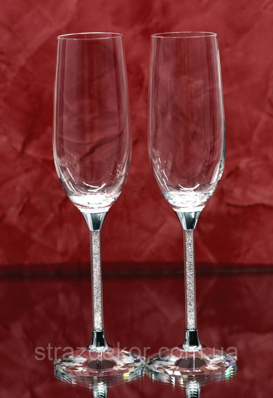 Весільні келихи для шампанського з кристалами Сваровські 2штуки (срібло)