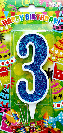 Свічка цифра "3" для торта. Синя тортовая свічка в білій окантовці., фото 2