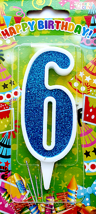 Свічка цифра "6" для торта. Синя тортовая свічка в білій окантовці., фото 2