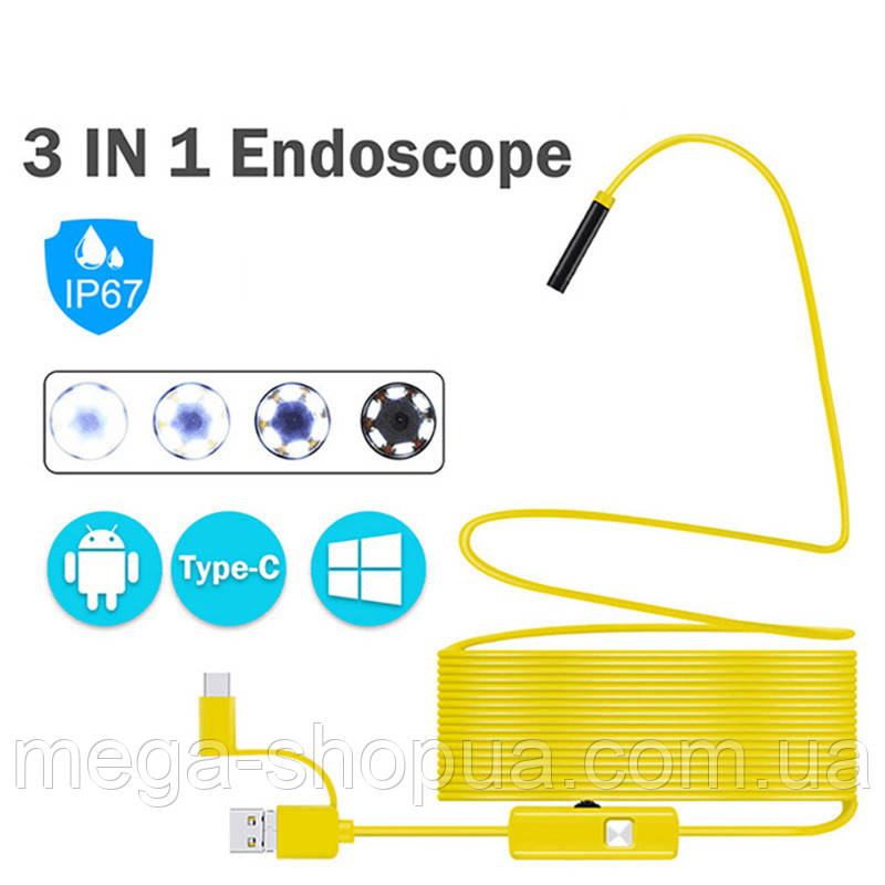 USB ендоскоп 2 метри з жорстким кабелем — Автомобільний технічний бороскоп для смартфона, телефону, фото 1