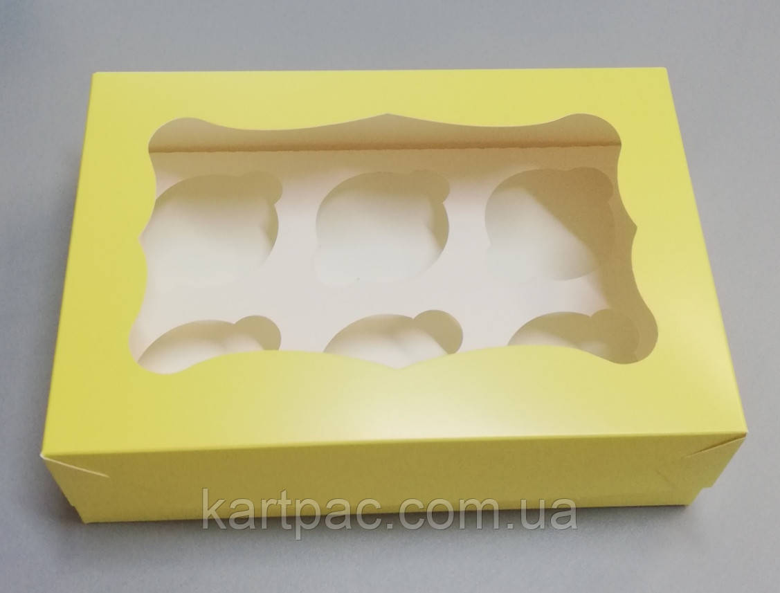 Коробка для 6-ти кексів з прозорим віконцем 250*170*80 (жовта)