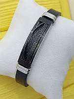 Мужской браслет с узором черного цвета из стали на черном ремешке из экокожи, BM-0003