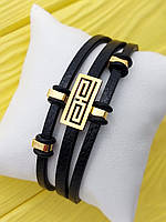 Тройной мужской браслет золотого цвета из стали на черном ремешке из экокожи, BM-0011
