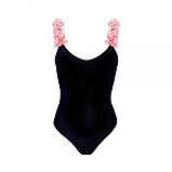 Злитий Купальник з шифоновими рожевими квітами, чорний, фото 3