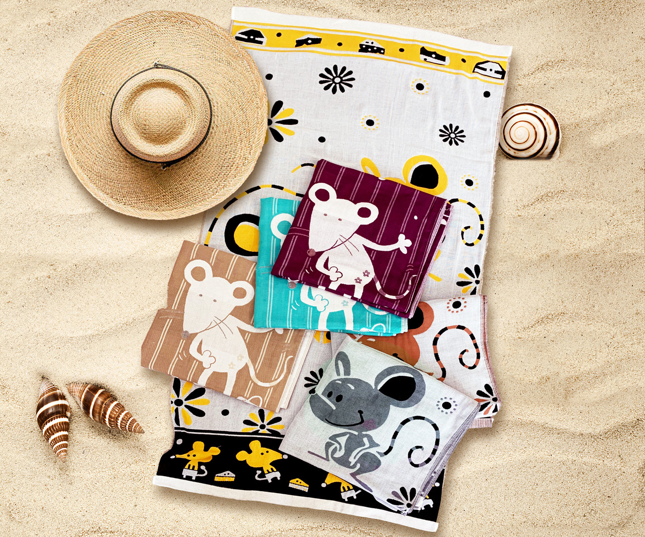 Килимок -рушник банний для пляжу з льону "Ділові мишки 1", фото 1