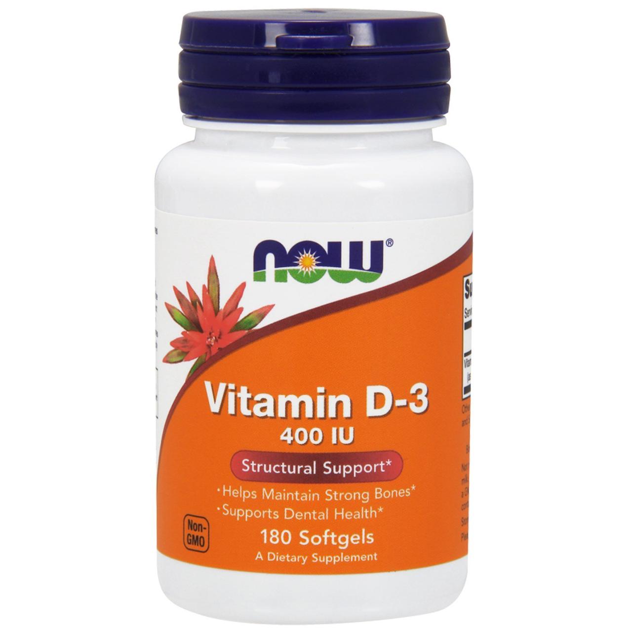 Вітамін Д3 Vitamin D-3 Now Foods, Вітамін D-3, Структурна підтримка, 400 МО, 180 капсул