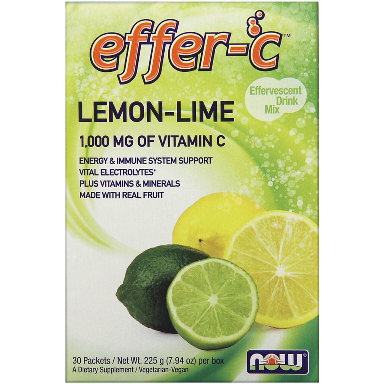 Now Foods, Effer-C, Електроліти, суміш для шипучого напою 30 пакетиків по 7.5 г Лимон-лайм