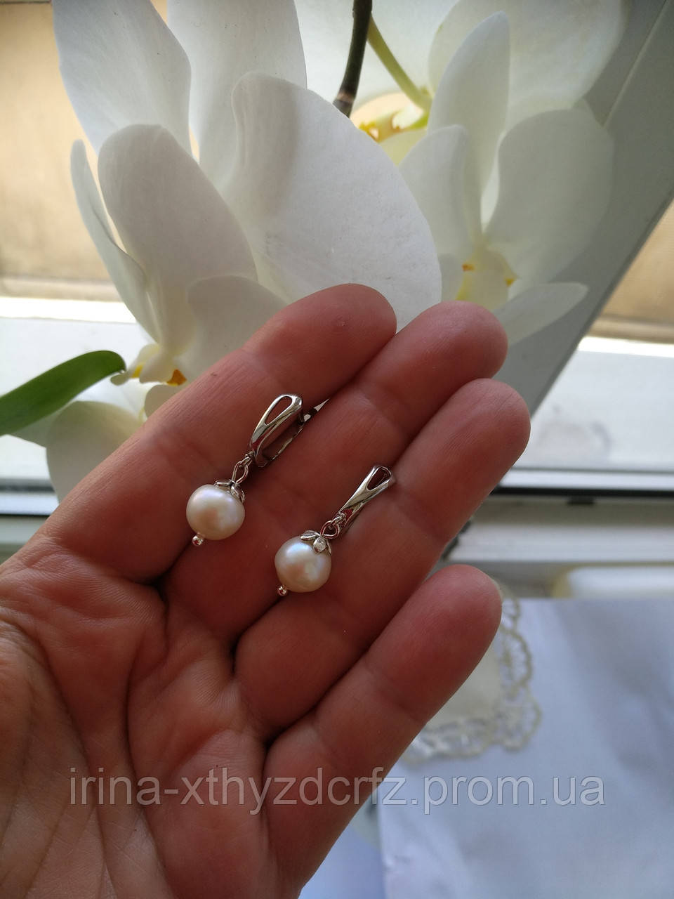 Весільні сережки з натуральними перлами на срібних шензах, фото 1