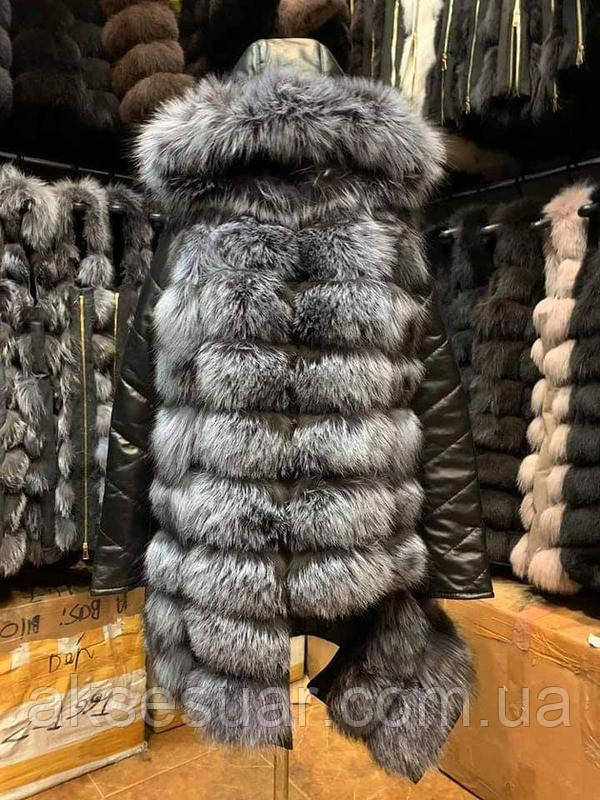 Шубу з чорнобурки з шкіряними рукавами, фото 1